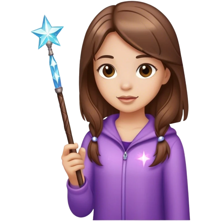 Girl with straight Brown hair and a wand with sparkles emoji