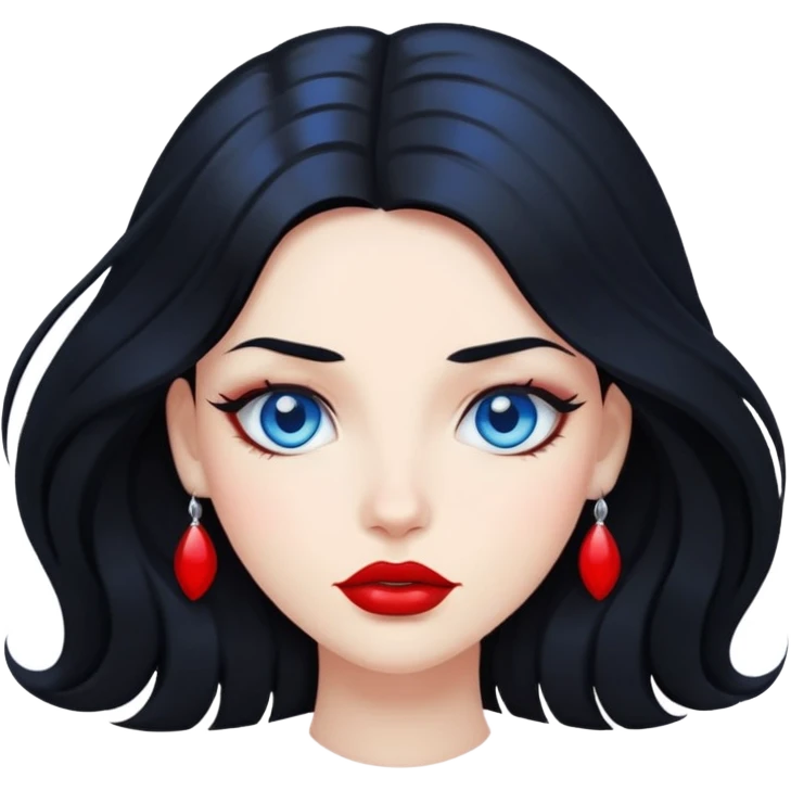 character with long jet black hair, blue eyes, and red lips emoji