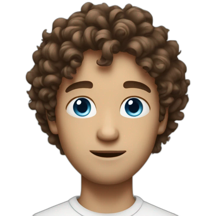 a guy with blue eyes messy curly hair brown haiur and he white emoji