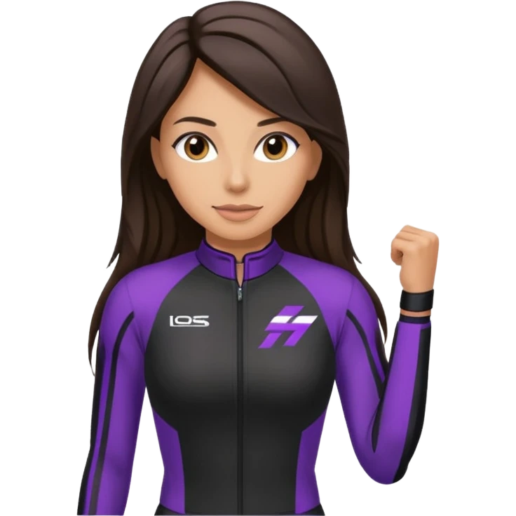 brunette long hair woman with black racing outfit with single purple strips on arms emoji