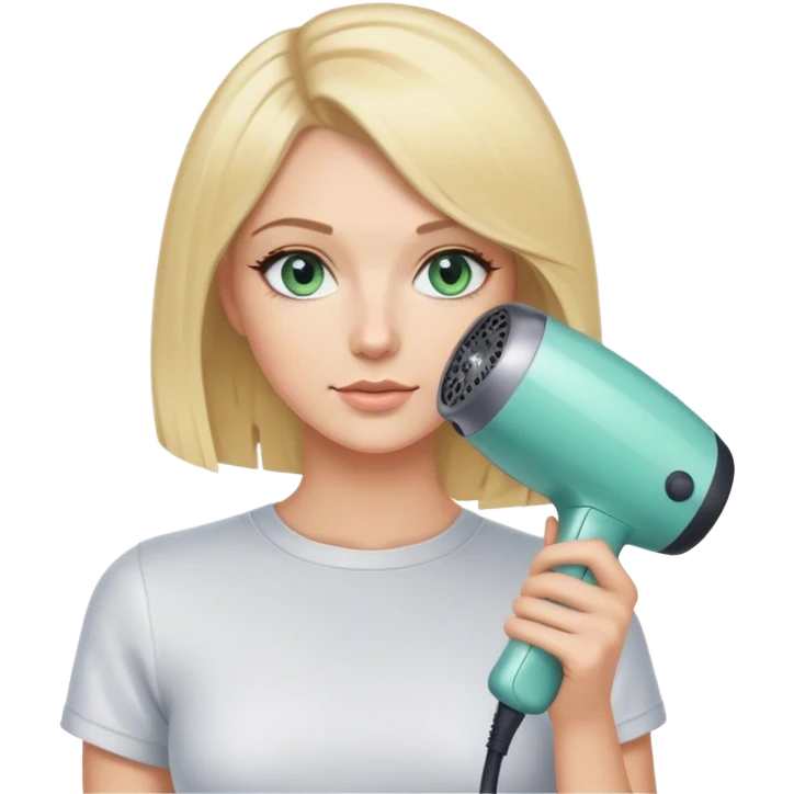 Hair stylist with blonde bob hair and blue green eyes holding hair dryer emoji