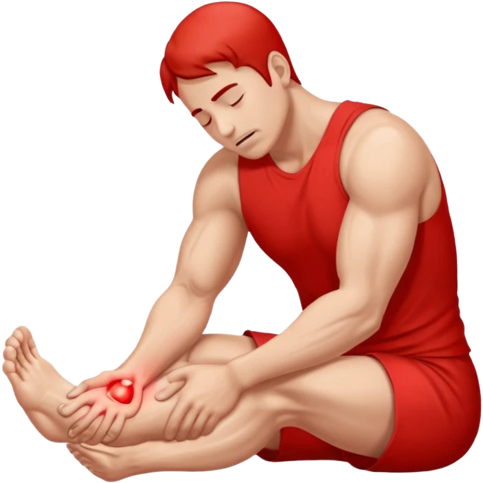 Man holding his foot in pain, muscle cramp in feet, red pain highlight on foot, simple medical emoji style, clean background emoji