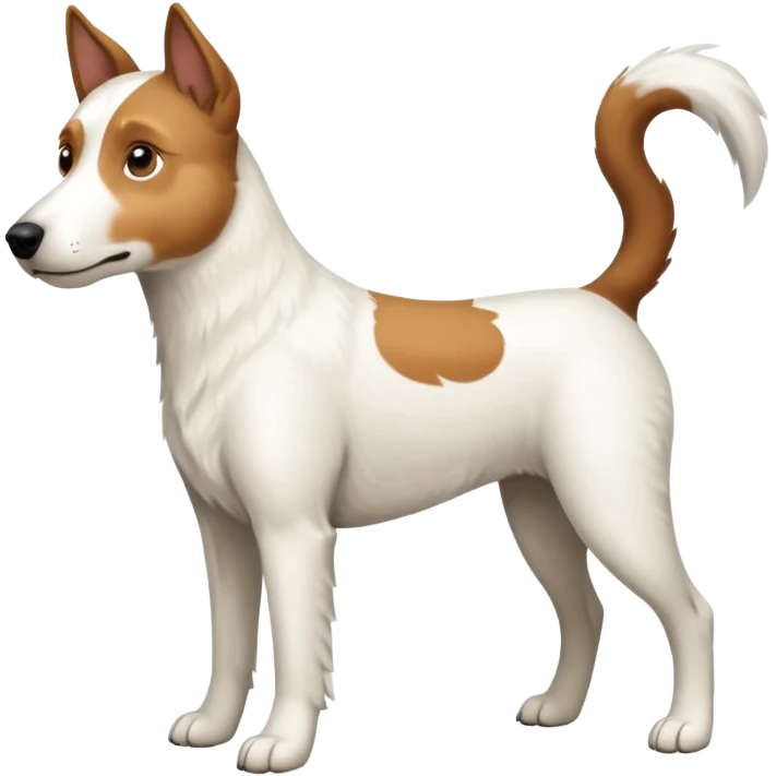 a full body large white parson russell looking dog the size of a kelpie with light brown ears and a light brown patch on one eye and a large snout emoji