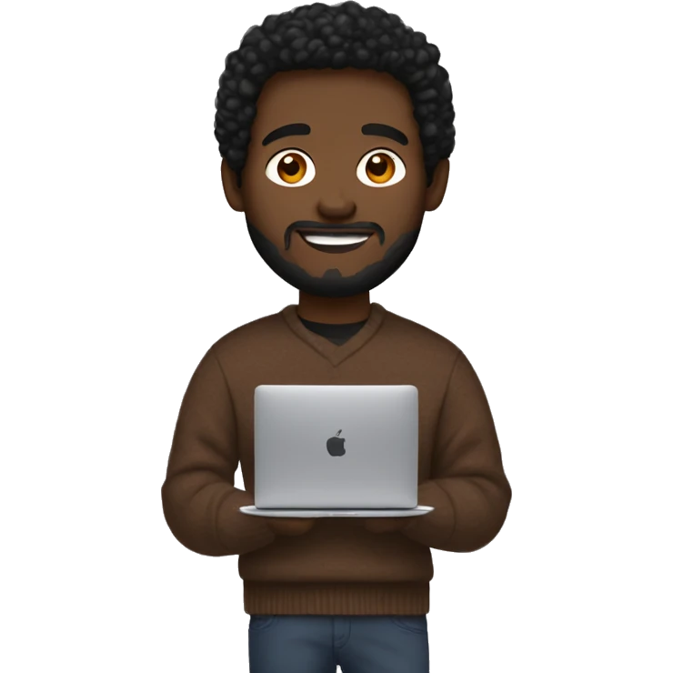 Designer with a MacBook with dark hair in brown sweater and Air Pods Max  emoji