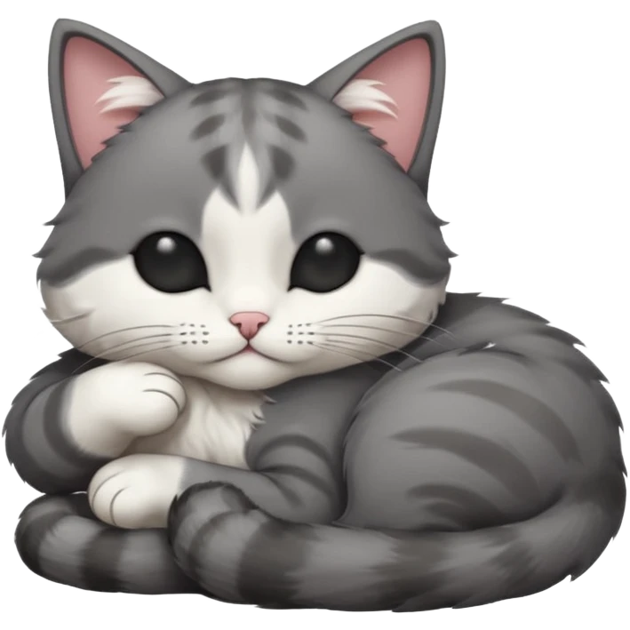 dark grey and white small cat with its eyes closed lying down leaning on its elbow with its paw curled under its head holding it up emoji