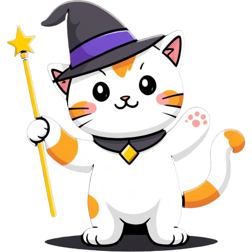 A cat wizard with a pointy hat and a magic wand emoji