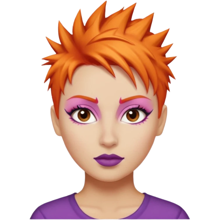 A person emoji with light skin, short spiky orange hair swept to one side, matching pink eyebrows, brown eyes, an oval-shaped face, a small nose, and dark lipstick. emoji