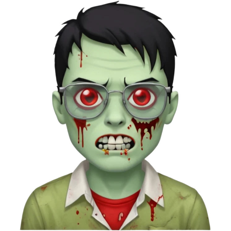 homem zumbi de óculos cabelo preto com muita olheira deixar pele dele verde dentes brancos e olhos vermelhos e ensanguentados deixar óculos quadrado e preto e olhos cheio de veias vermelhas e encher o rosto de piercings emoji