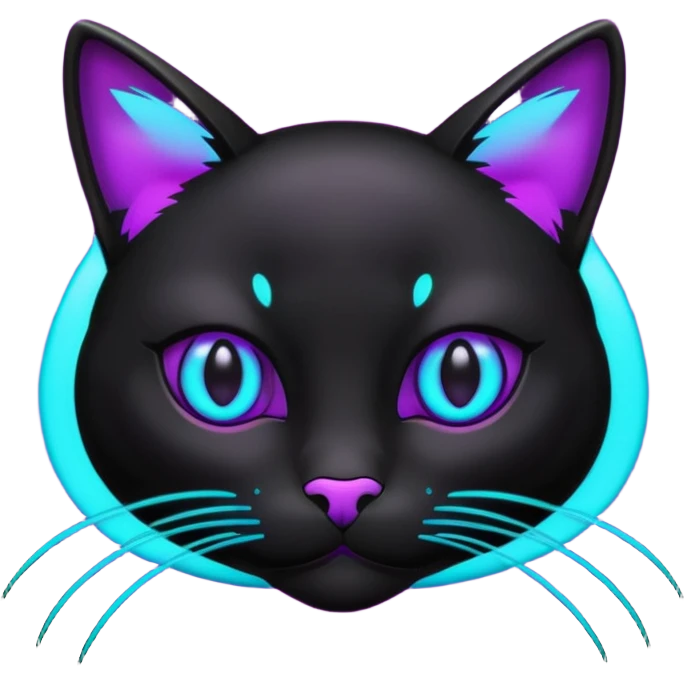 futuristic glowing black cat emoji, neon cyan eyes, purple #8B5CF6 highlights, tech minimal style, dark background emoji