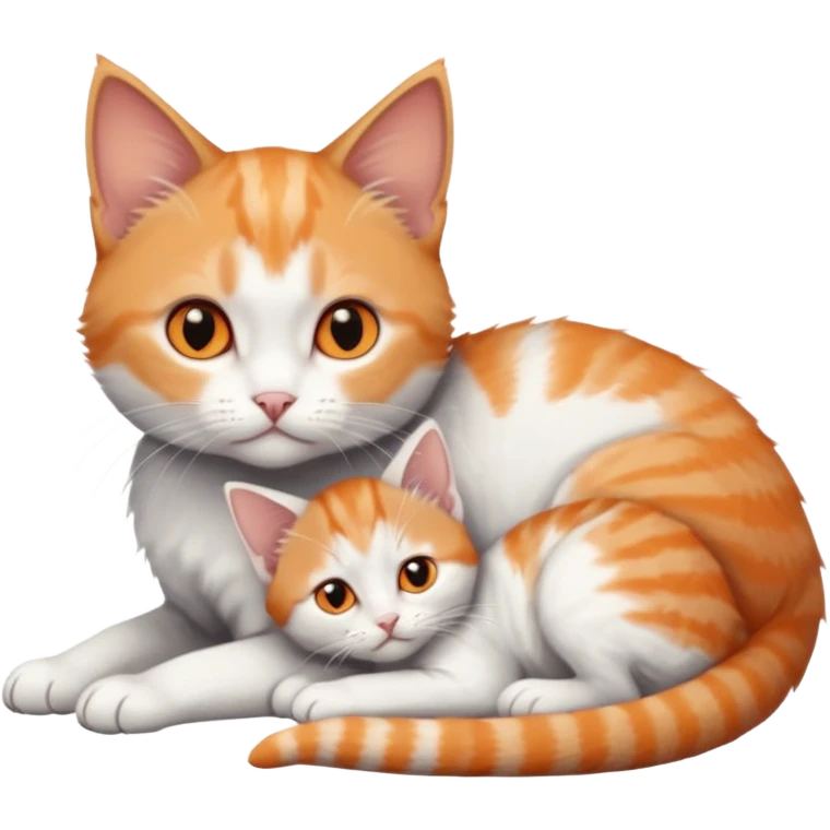 full body of very small + skinny ginger and white kitten with deep orange eyes and triangular shaped face lying down cuddling a grey and white kitten who is a bit bigger than him emoji