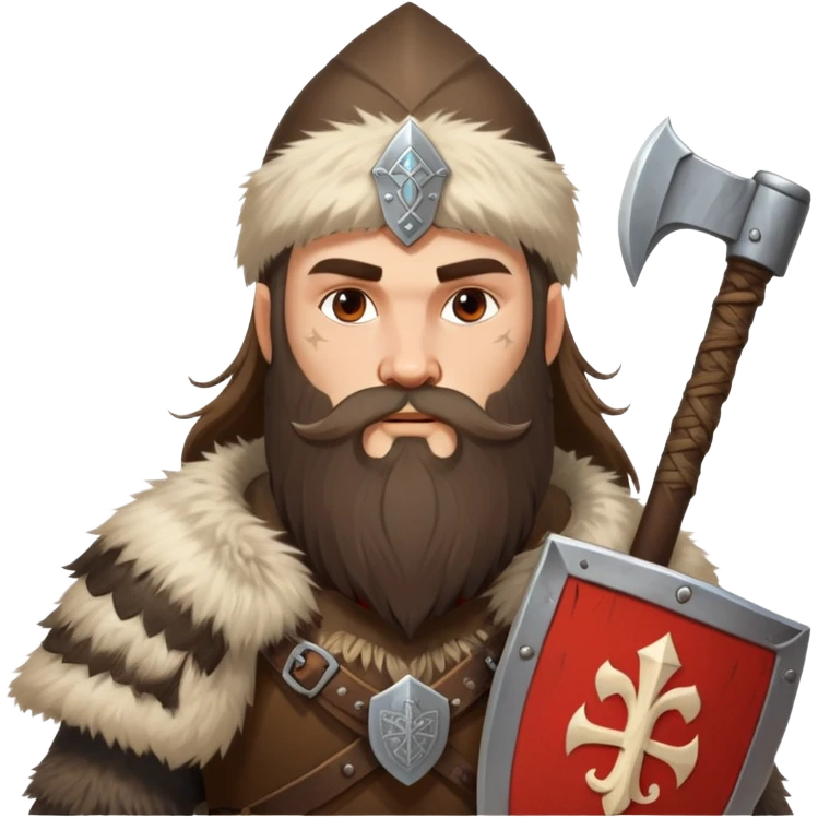 Russian pagan warrior with fur clothing, axe, shield with Slavic symbols, long beard emoji