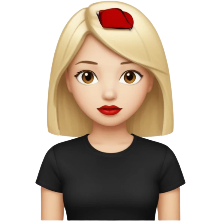 girl with blonde straight hair, brown eyes, red lipstick, wearing black t-shirt emoji