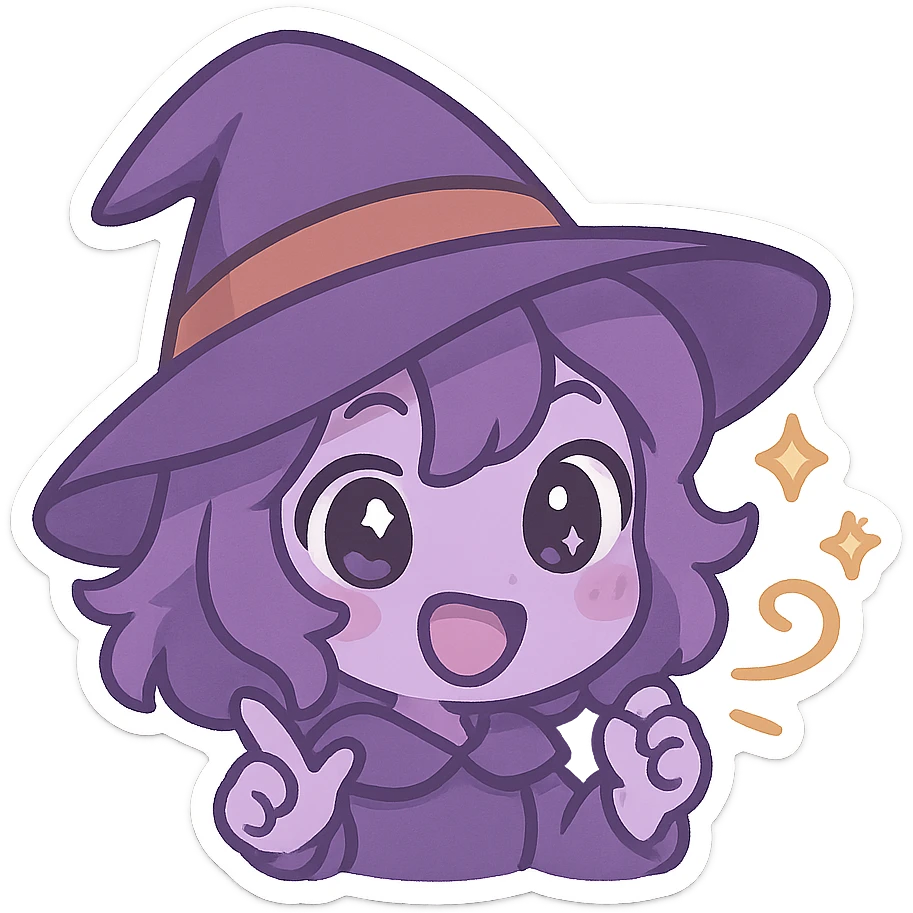 Purple Chibi stickers, cute witch hat, playful and magical, Chibi style emoji