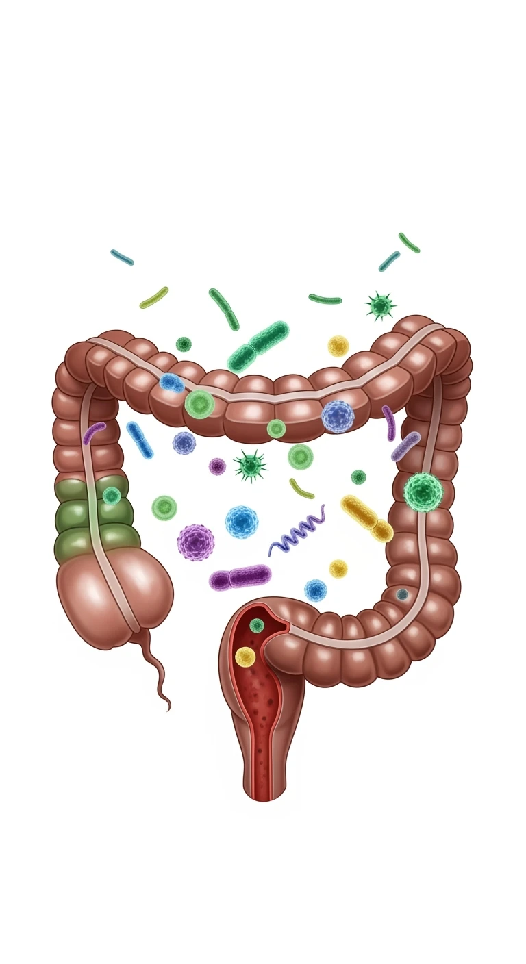 intestino umano anatomico con qualche batterio intestinale che gli fluttua intorno, ISOLATO SU SFONDO BIANCO emoji