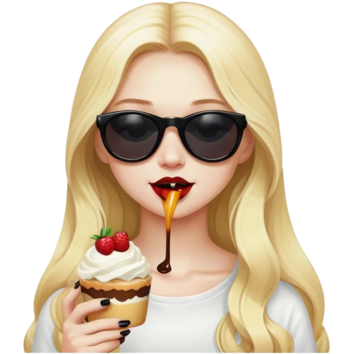 Blonde girl with long hair and pale skin wearing black sun glasses eating dessert emoji