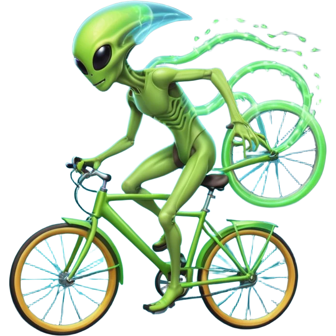 energy alien riding a bicycle, glowing light body, floating energy trails, non-physical alien form interacting with bike, fantasy sci-fi vibe, 3D cartoon, mobile game icon style, clean background, no text, no watermark
 emoji
