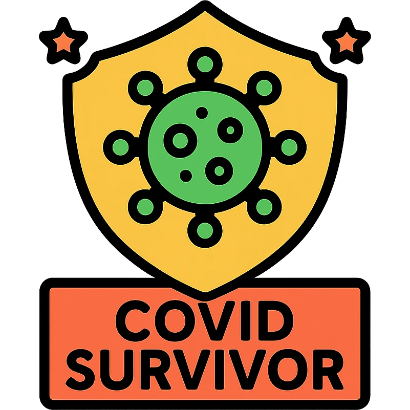 colorful badge icon with a shield and virus symbol, text 'COVID Survivor', celebratory style emoji