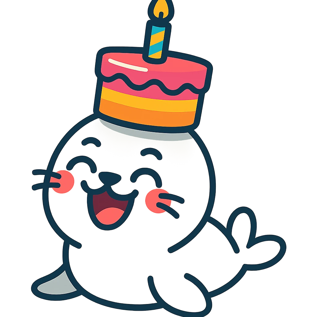 cutie baby seal balancing cake on head with laughing face in vibrant-toon style emoji