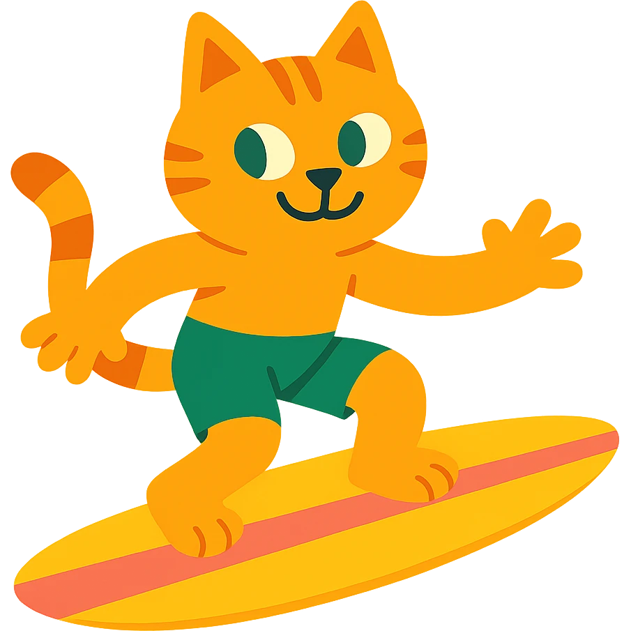 orange cat with green shorts surfing emoji