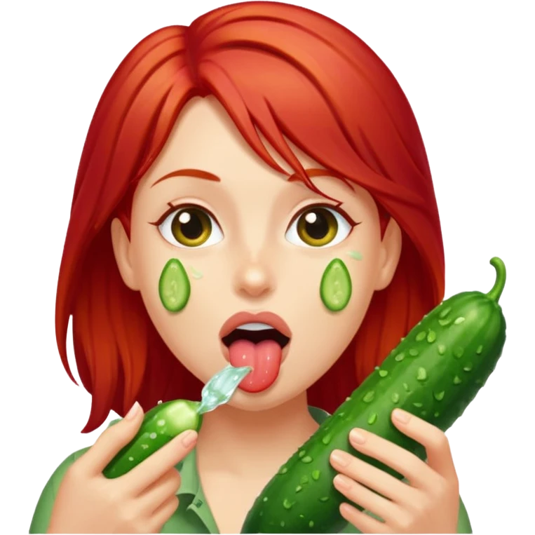 A hand rubs a wet wet cucumber and a tongue licks it off the have red hair emoji