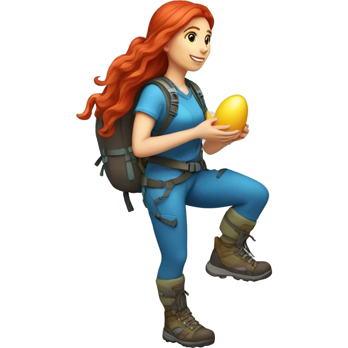 Female mountain climber long red hair climbing with Greek flag on backpack and holding Easter eggs basket emoji