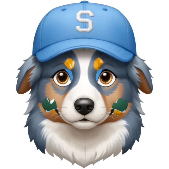 Blue Merle Australian Shepherd with icy blue eyes wearing a base ball cap. emoji