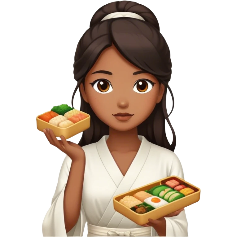 Beautiful woman in 1950’s woman fashion look, white dress, long dark brown hair, Japanese bento emoji