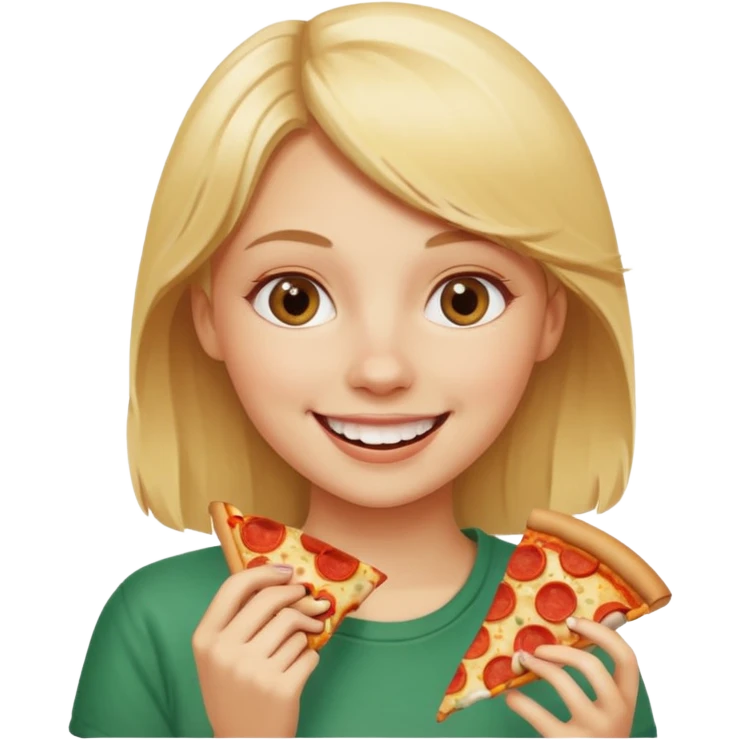 Blonde girl eating pizza smiling emoji