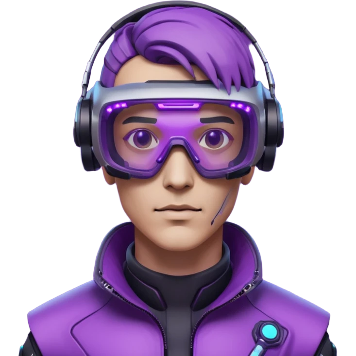 Cyberpunk man head 3d puruple cyber VR -glasses half rotate face 3d emoji