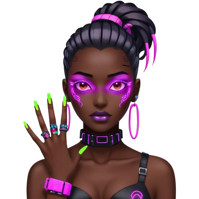 cyberpunk style neon 
manicure with long nails shows fak emoji