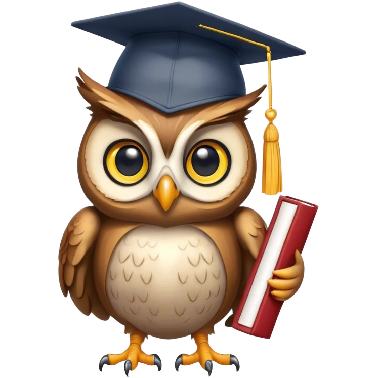 Owl smiling with graduation hat and diploma in claws emoji