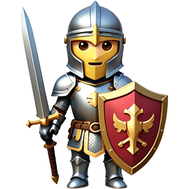 Clash of Clans aesthetic: Cinematic Playful Armored Knight Hero Emoji, rendered in a 3D vector-style similar to standard emojis with minimal shading and bold, simplified shapes. A compact, isometric warrior clad in gleaming plate armor with intricate heraldic details, softly glowing with a chivalrous medieval charm. Simplified yet unmistakably iconic, highly detailed and consistent, glowing with a soft radiant shine and high polish. Stylized with a touch of noble valor and a soft glowing outline, capturing the essence of a gallant knight ready for honorable battle with a friendly, playful manner! emoji