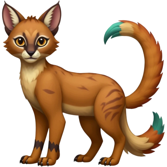Colorful dark tropical tribal glorious divine exotic cute cool beautiful beautiful fantasy-caracal-civet-genet-sergal-vernid-Gryphon-Cacomistle-Trico-oncilla-animal-Fakémon-hybrid-fursona (full body) emoji