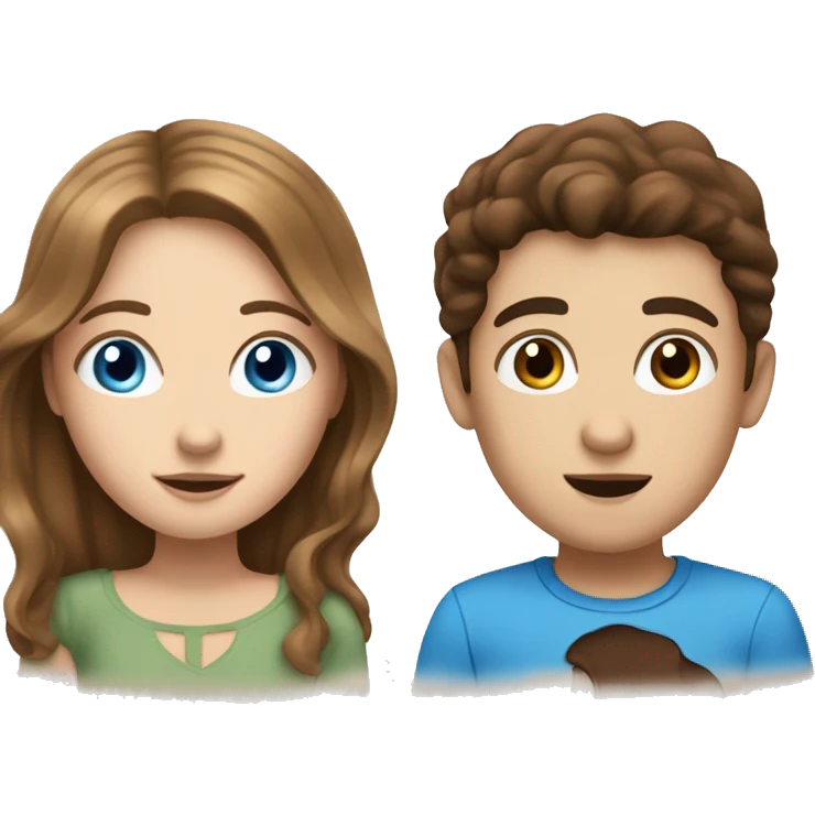 White girl with brown hair and blue eyes talking with a White boy with brown hair and brown eyes emoji