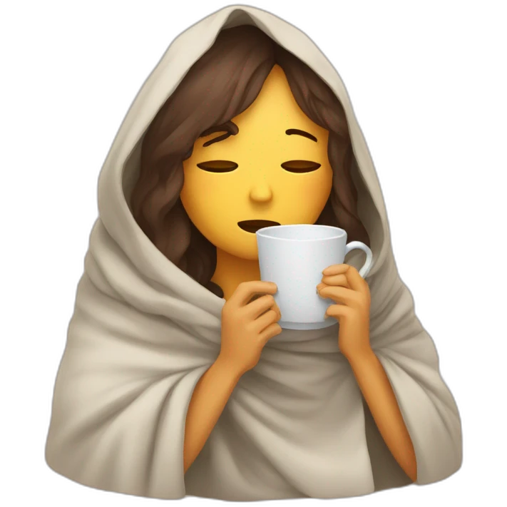 sad and tired woman sitting under blanket with hot tea emoji