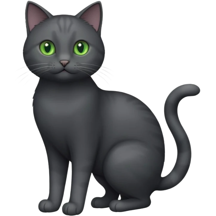 full body gorgeous solid dark grey cat with green eyes, white paws and white whiskers playing emoji