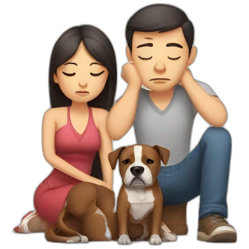 Sad Man with Chinese wife and brown Staffordshire terrier dog emoji