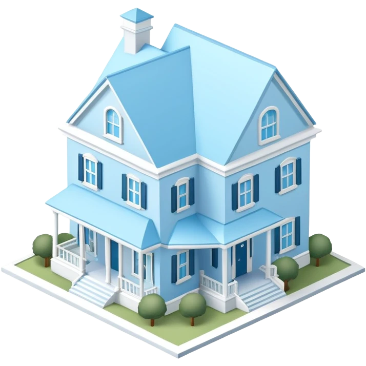 Light blue sorority house mansion, southern, isometric dollhouse-style, realistic emoji