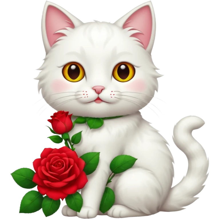 White cat with red rose emoji