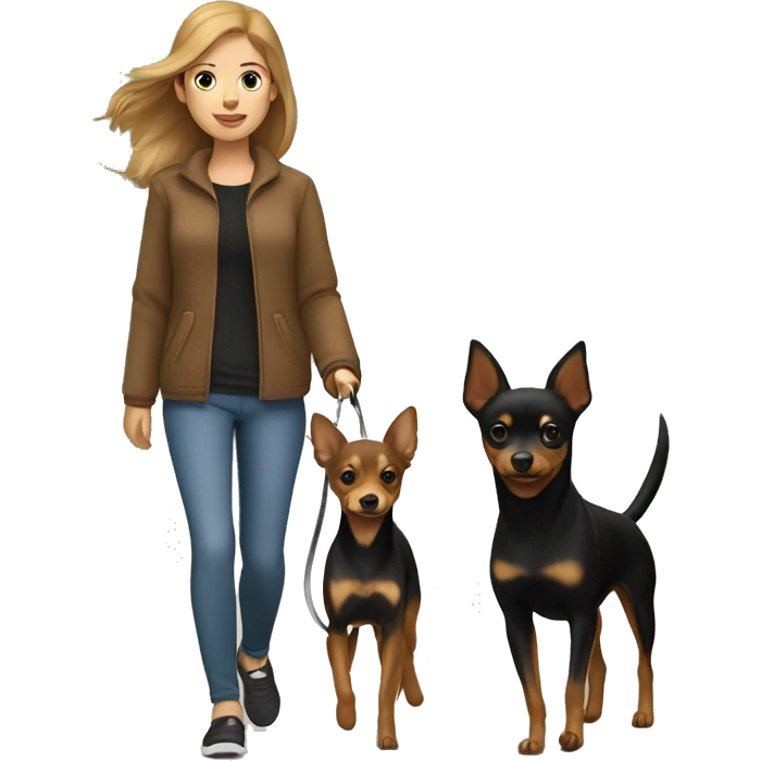 A light brown haired girl, walking one black and tan miniature Pinscher and one big light brown Spitz on the lead emoji