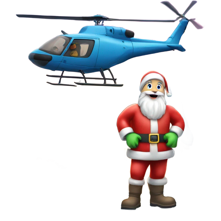 Santa Claus delivering present with helicopter on snowy roof emoji