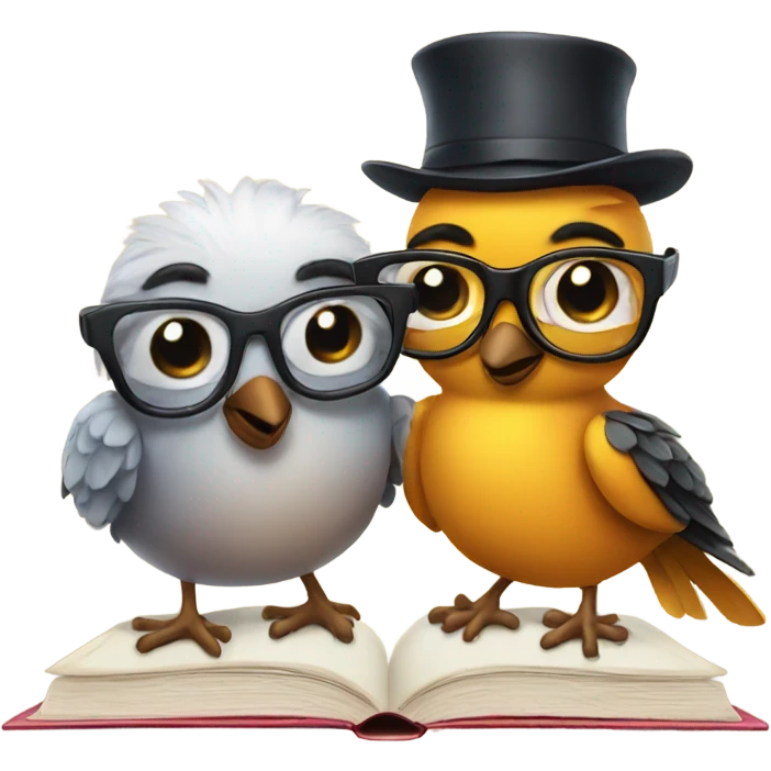 two birds but one of the birds wearing glasses and with a book emoji