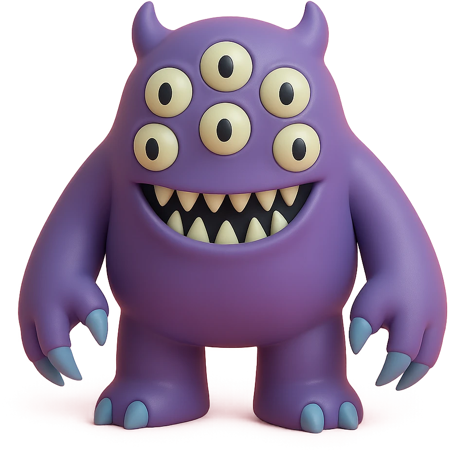 terrifying monster with multiple eyes, long claws, menacing grin, deep purple and black colors, vinyl figure style emoji