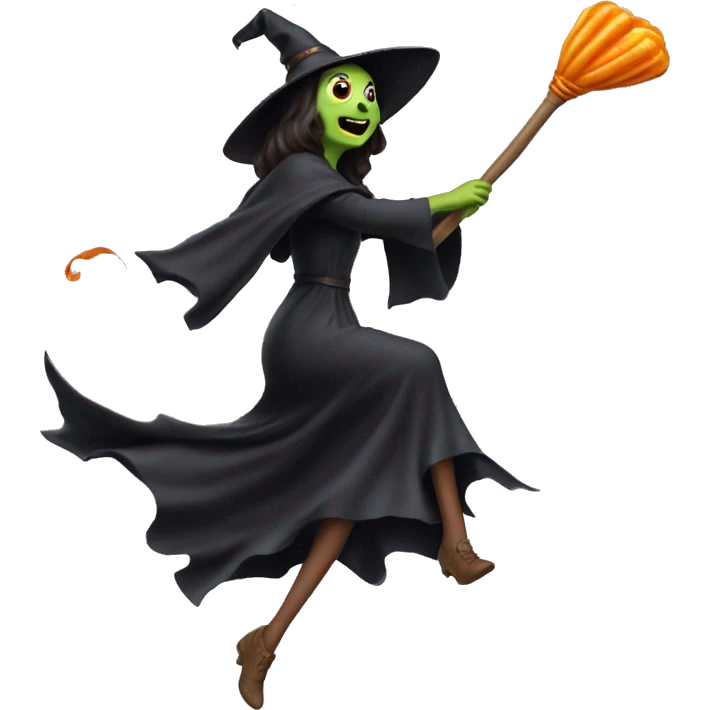 Scarry witch, flying to the right on a broom, throwing candy. emoji