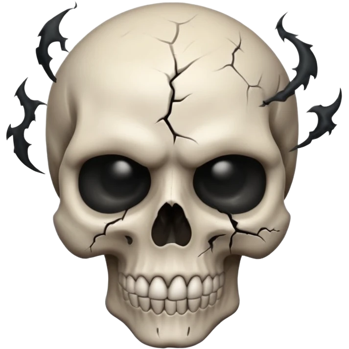iOS style emoji, dark fantasy skull, cracks, black smoke from eyes, soft light, stylized emoji