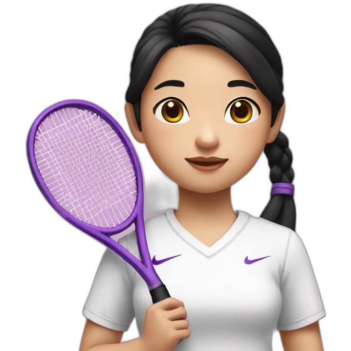 a little chinese girl wearing a white nike shirt with two pig tails black hair style holding a purple tennis racket to her chest emoji
