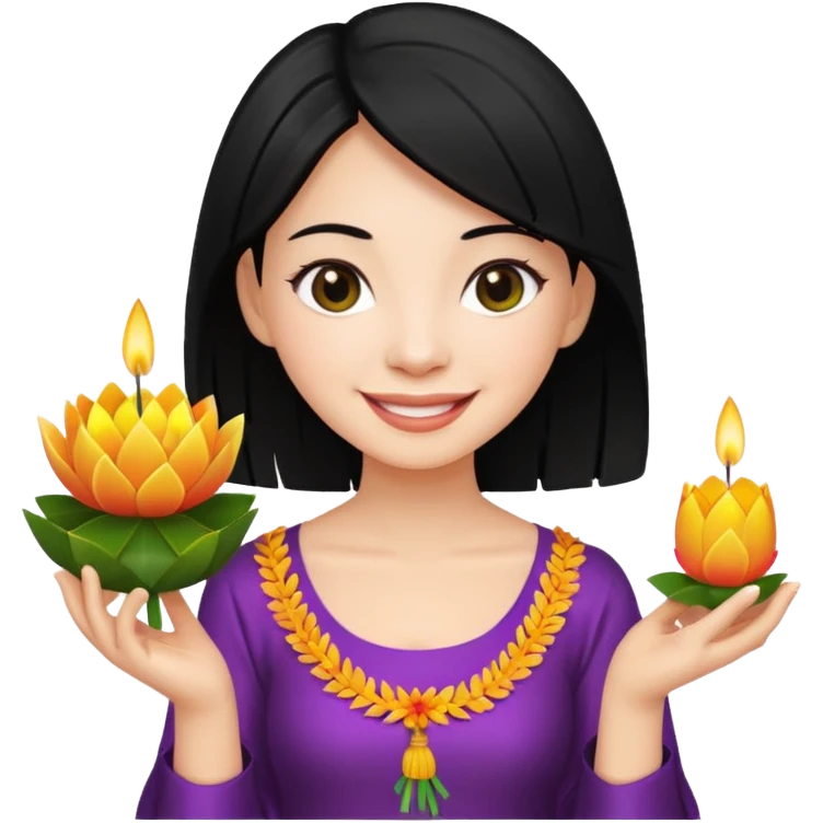 Emoji of a white woman with black hair holding a krathong emoji