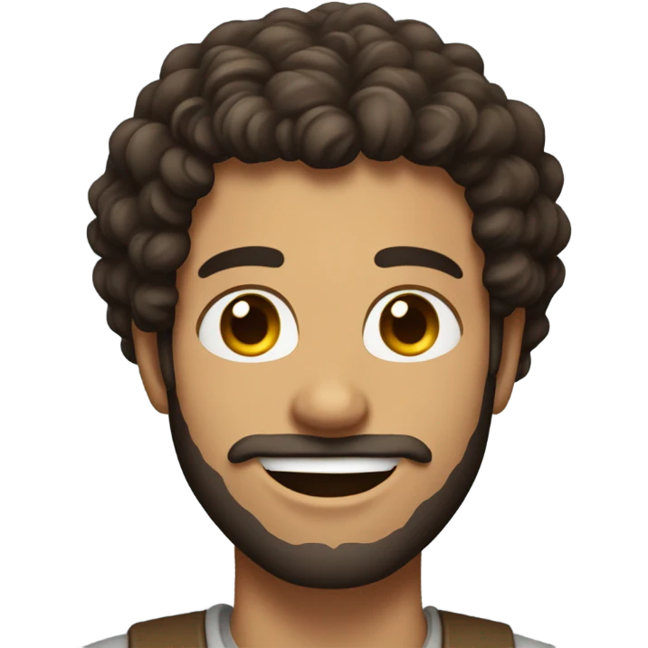 Brunette man with curly hair and beard and broad shoulders smiling  emoji
