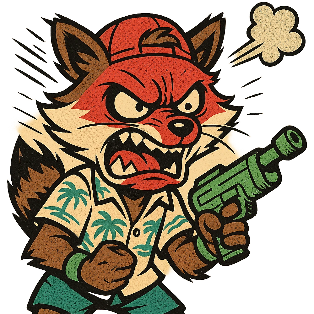 Rocket Raccoon Marvel Rivals summer skin, comic book style, angry with red head, small smoke on ear, no background, based on attached reference emoji
