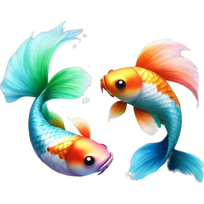  Two realistic koi fish, one green & blue, the other pink & white, swimming in a circle into each other, ying yang, Pisces fish, cloudy, water, dreamy, bubbles, iridescent emoji